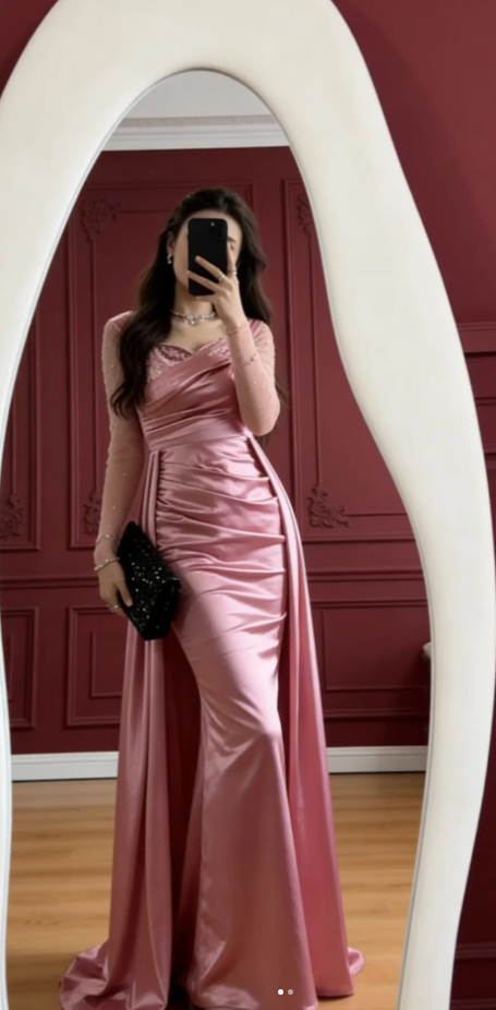 Glam Sheath Pink Long Prom Dresses Satin V-neck Evening Dresses Sleeveless Birthday Dresses ED06279