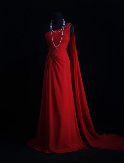 Glam Sheath Burgundy Long Prom Dresses Chiffon One-shoulder Evening Dresses ED06283