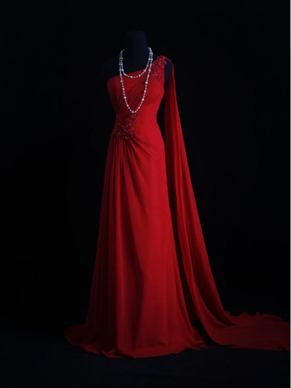 Glam Sheath Burgundy Long Prom Dresses Chiffon One-shoulder Evening Dresses ED06283