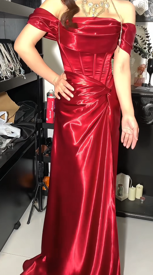 Glam Sheath Burgundy Long Prom Dresses Satin Off-shoulder Evening Dresses ED06284