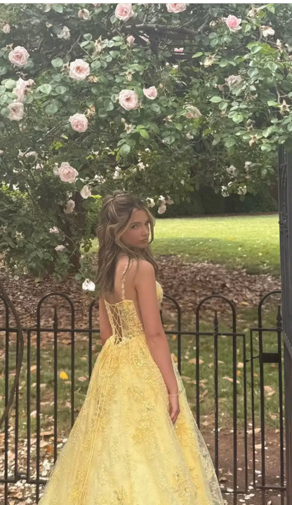 Gorgeous A-Line Yellow Long Prom Dresses Applique Tulle Spaghetti Straps Evening Dresses ED06286