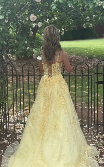 Gorgeous A-Line Yellow Long Prom Dresses Applique Tulle Spaghetti Straps Evening Dresses ED06286