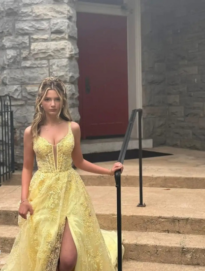 Gorgeous A-Line Yellow Long Prom Dresses Applique Tulle Spaghetti Straps Evening Dresses ED06286