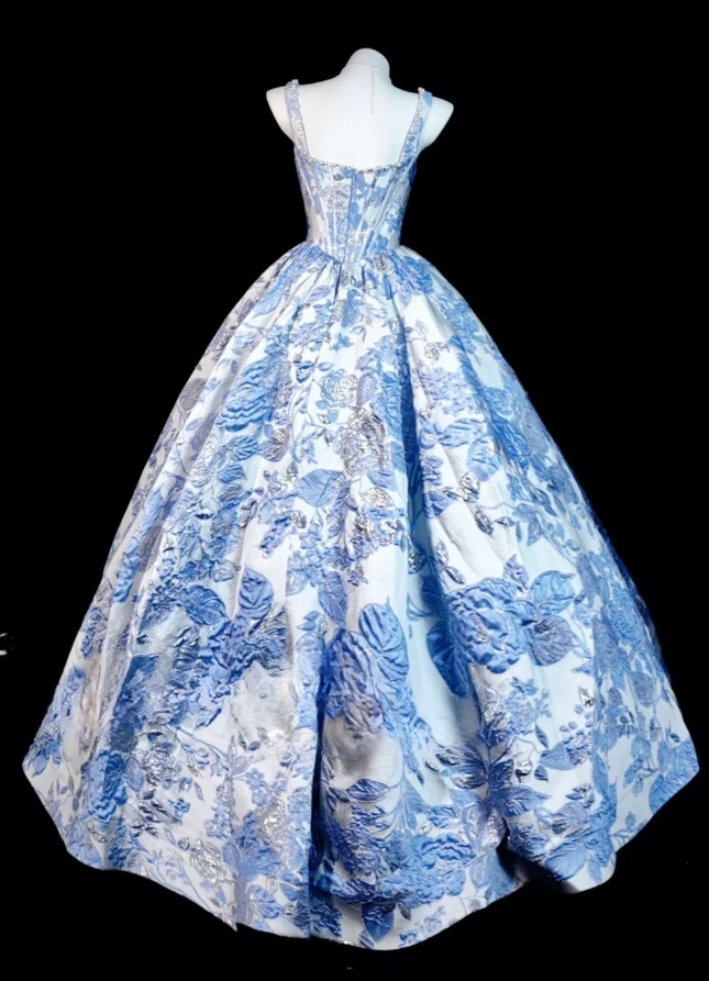 Elegant A-line Blue Long Prom Dresses Jacquard Satin Straps Evening Dresses  ED06289