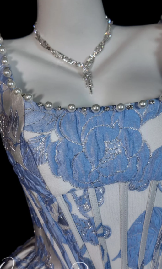 Elegant A-line Blue Long Prom Dresses Jacquard Satin Straps Evening Dresses  ED06289