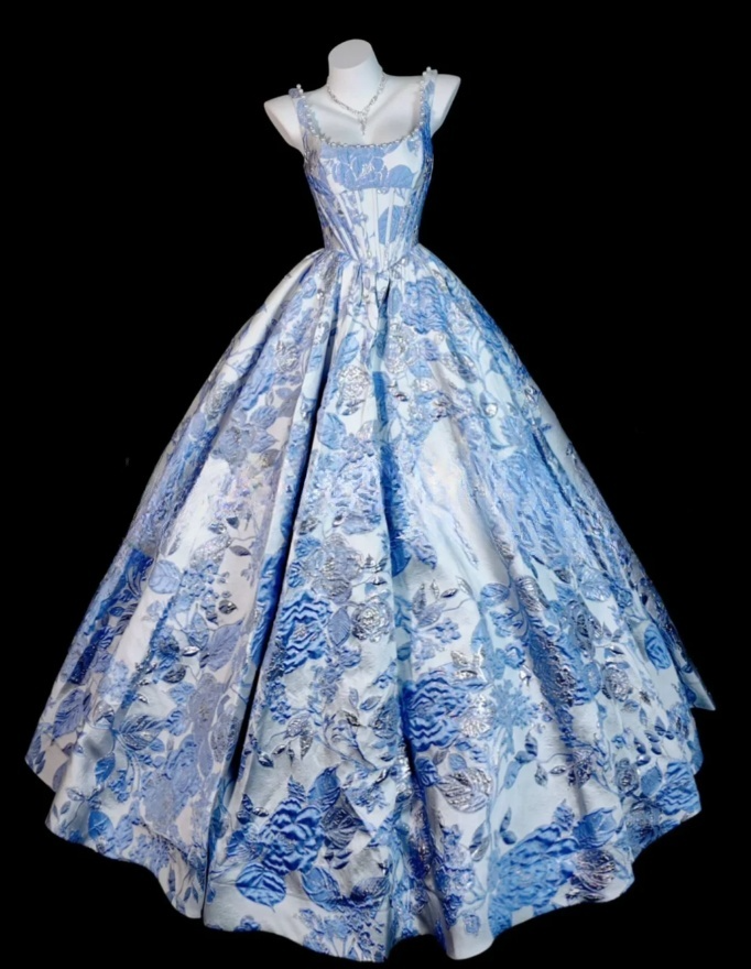 Elegant A-line Blue Long Prom Dresses Jacquard Satin Straps Evening Dresses  ED06289