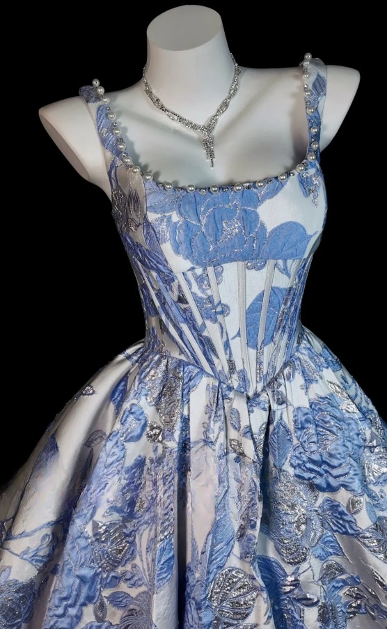 Elegant A-line Blue Long Prom Dresses Jacquard Satin Straps Evening Dresses  ED06289