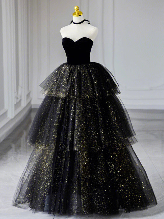 A-Line Sweetheart Neck Tulle Sequin Black Long Prom Dress, Black Formal Dress ED0628