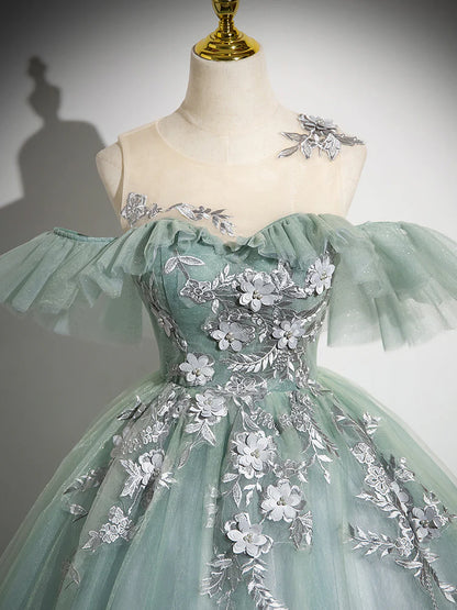 A-Line Off Shoulder Tulle Lace Green Long Prom Dress, Green Long Formal Dress ED0629