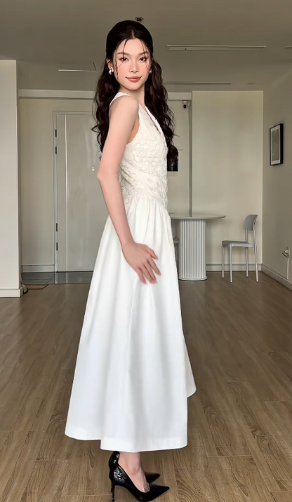 Elegant A-line White Long Prom Dresses Satin V-neck Evening Dresses ED06291