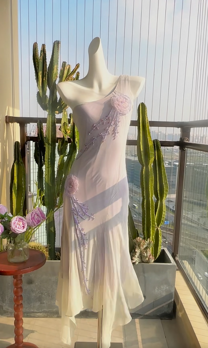 Elegant Sheath Purple Long Prom Dresses Beaded Chiffon Spaghetti Straps Evening Dresses ED06292