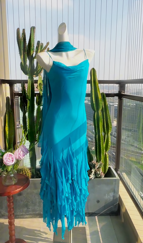 Elegant Sheath Blue Long Prom Dresses Chiffon Spaghetti Straps Evening Dresses ED06293