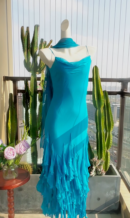 Elegant Sheath Blue Long Prom Dresses Chiffon Spaghetti Straps Evening Dresses ED06293