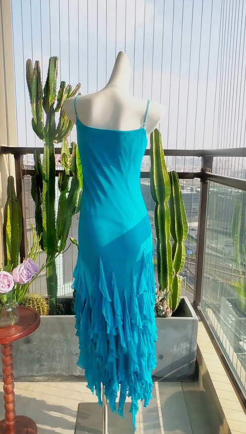 Elegant Sheath Blue Long Prom Dresses Chiffon Spaghetti Straps Evening Dresses ED06293