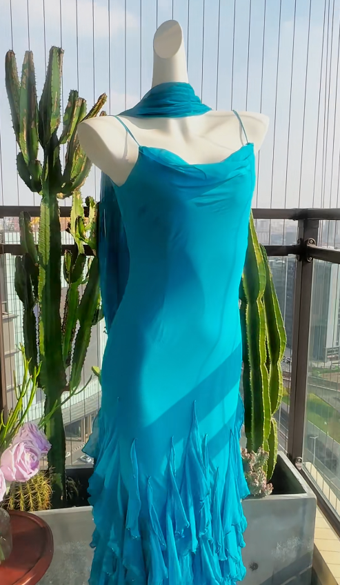 Elegant Sheath Blue Long Prom Dresses Chiffon Spaghetti Straps Evening Dresses ED06293