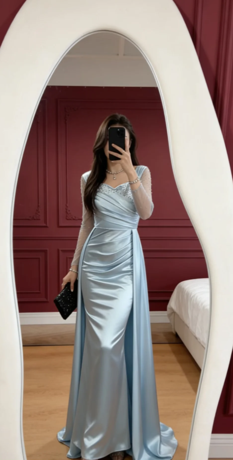 Elegant Sheath Blue Long Prom Dresses Satin Spaghetti Straps Evening Dresses ED06294