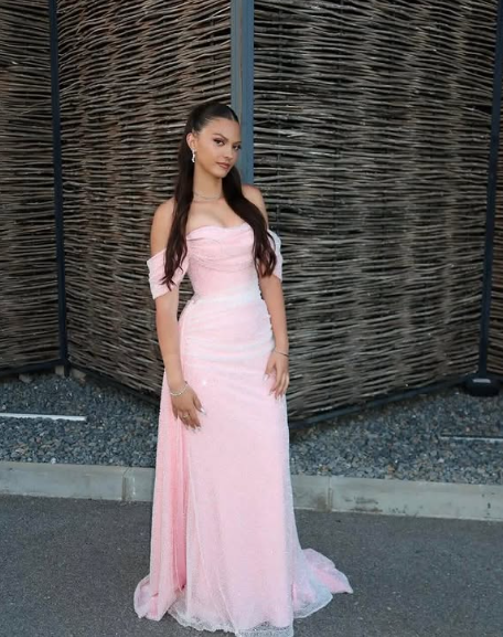 Chic Sheath PinkLong Prom Dresses Tulle Off-shoulder Evening Dresses Sleeveless Party Dresses ED06299