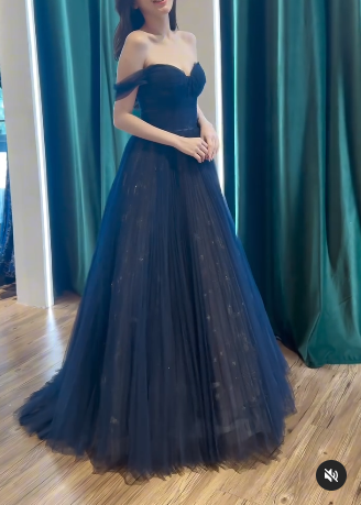 A-Line Off Shoulder Tulle Lace Dark Blue Long Prom Dress  ED062