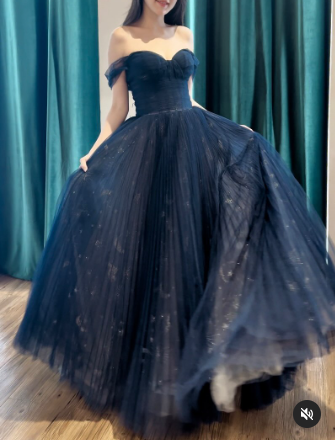A-Line Off Shoulder Tulle Lace Dark Blue Long Prom Dress  ED062