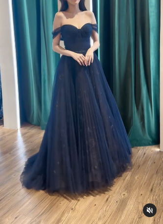 A-Line Off Shoulder Tulle Lace Dark Blue Long Prom Dress  ED062