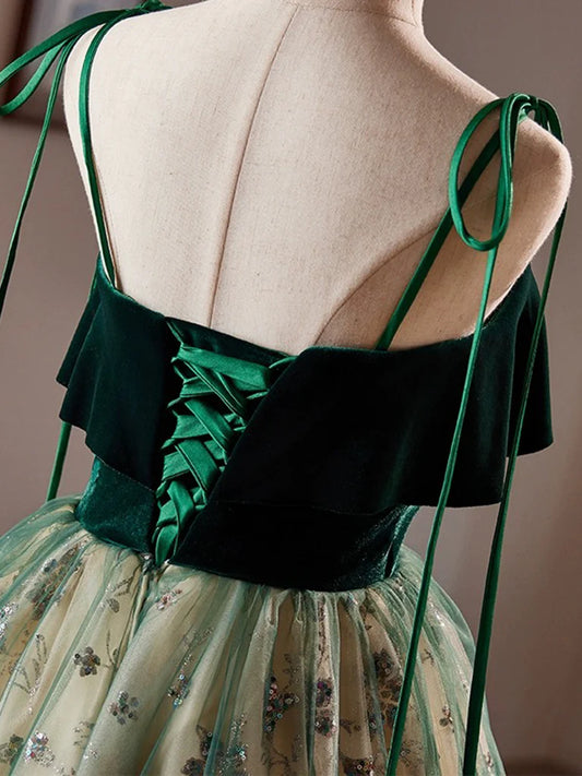 Robe de bal courte verte en tulle et dentelle à paillettes, coupe trapèze, robe de soirée verte ED063