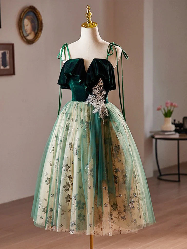 A-Linie Tüll Spitze Pailletten Grün Kurzes Ballkleid, Grünes Homecoming Kleid ED063