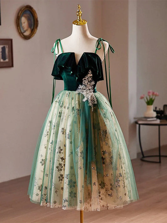 Robe de bal courte verte en tulle et dentelle à paillettes, coupe trapèze, robe de soirée verte ED063