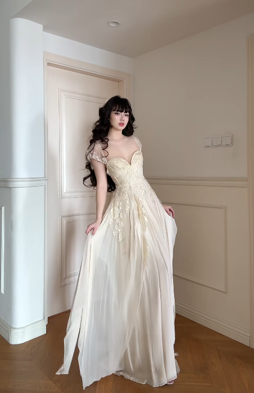 Chic A-line Apricot Long Prom Dresses Chiffon Lace Straps Evening Dresses Sleeveless Party Dresses ED06300