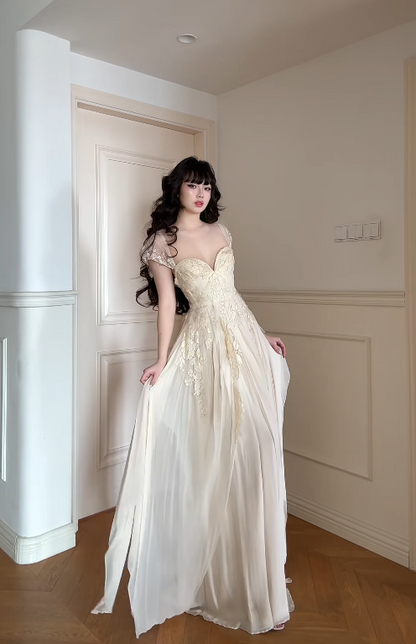Chic A-line Apricot Long Prom Dresses Chiffon Lace Straps Evening Dresses Sleeveless Party Dresses ED06300