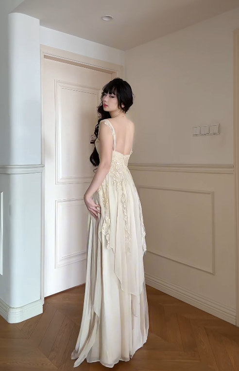 Chic A-line Apricot Long Prom Dresses Chiffon Lace Straps Evening Dresses Sleeveless Party Dresses ED06300