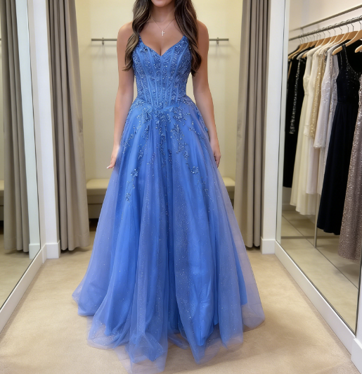 Chic A-line Dark Periwinkle Long Prom Dress Beaded Applique Tulle Spaghetti Straps Evening Dress Sleeveless Party Dress ED06301