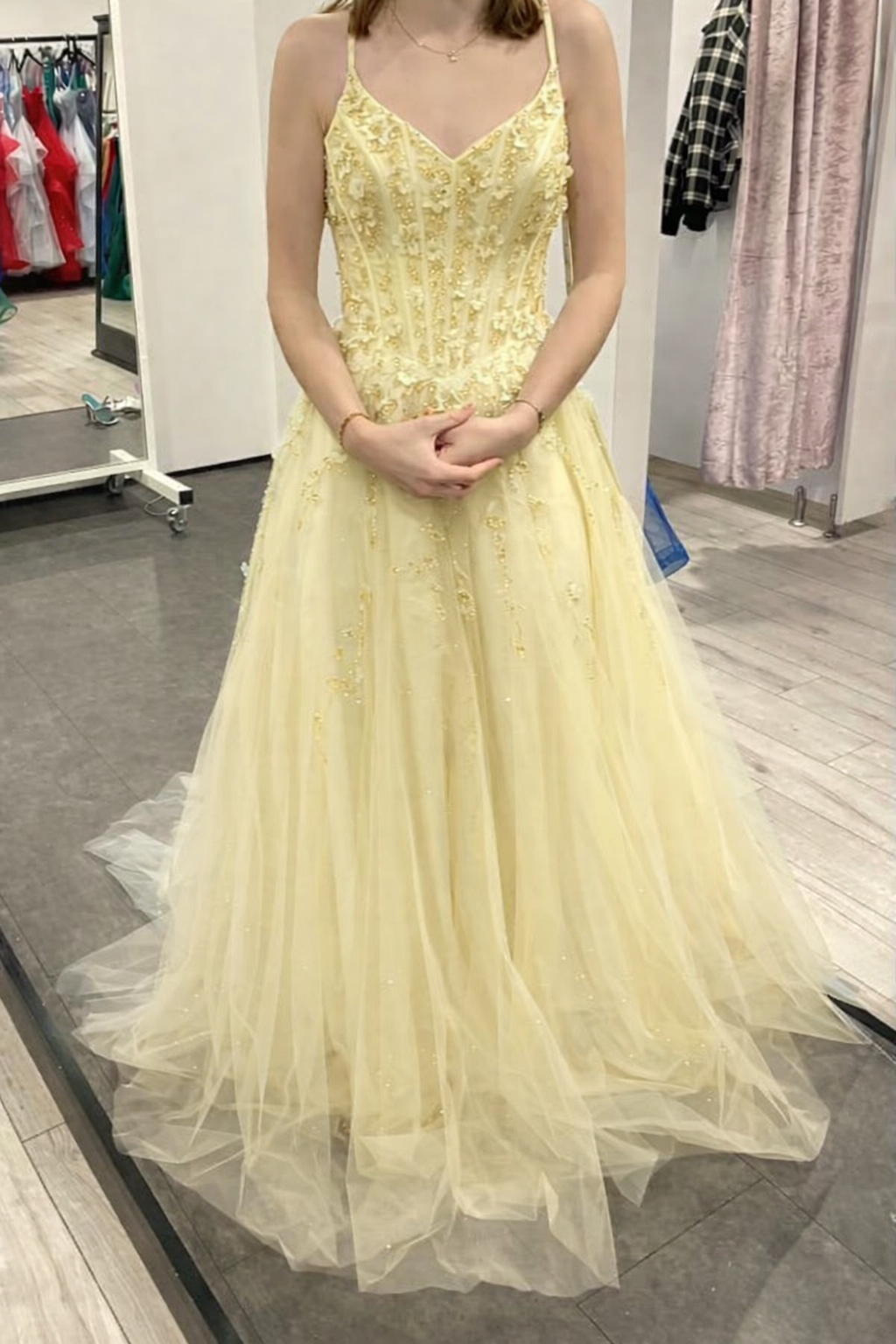 Chic A-line Dark Periwinkle Long Prom Dress Beaded Applique Tulle Spaghetti Straps Evening Dress Sleeveless Party Dress ED06301