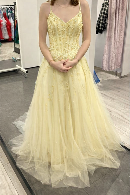 Chic A-line Dark Periwinkle Long Prom Dress Beaded Applique Tulle Spaghetti Straps Evening Dress Sleeveless Party Dress ED06301