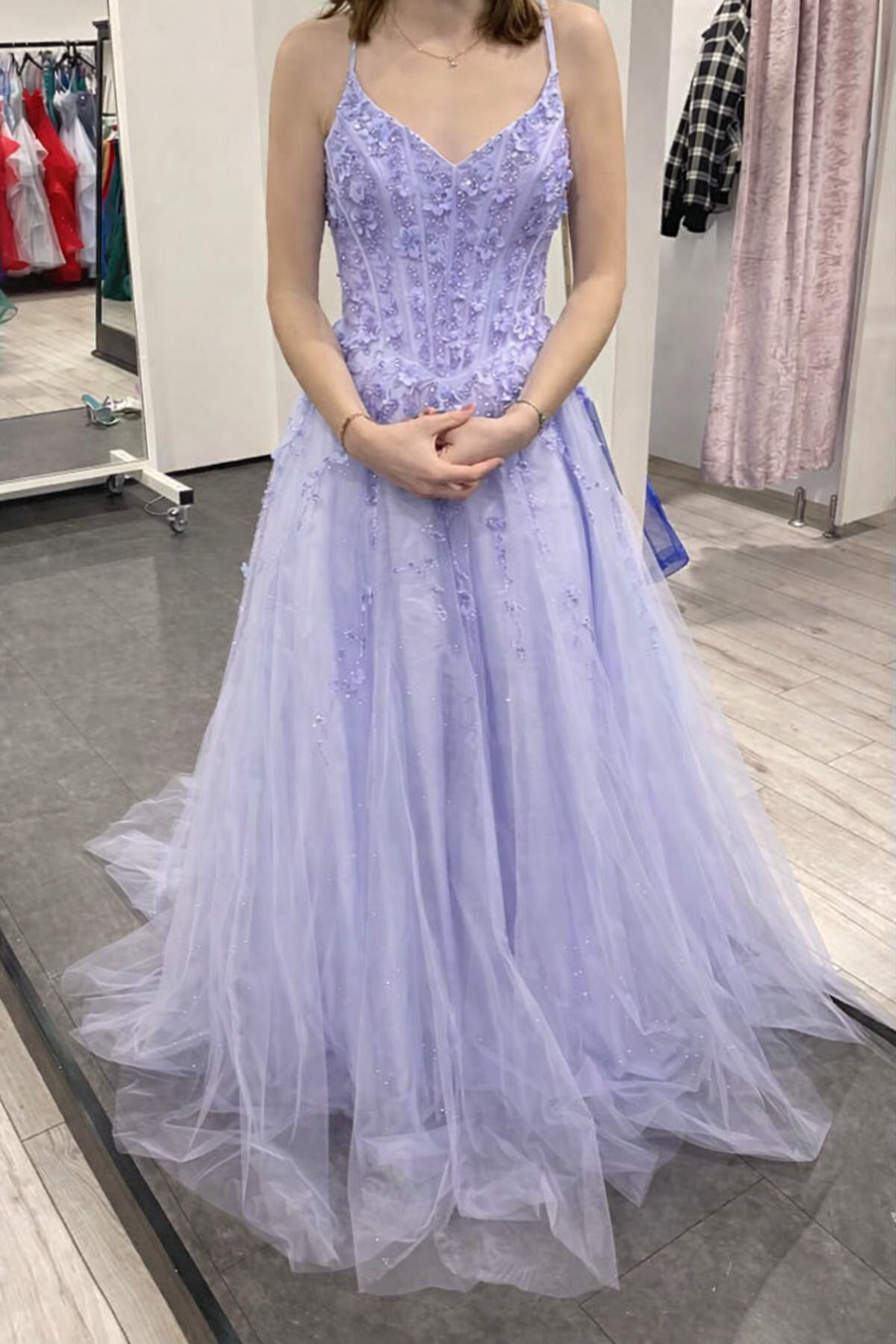 Chic A-line Dark Periwinkle Long Prom Dress Beaded Applique Tulle Spaghetti Straps Evening Dress Sleeveless Party Dress ED06301