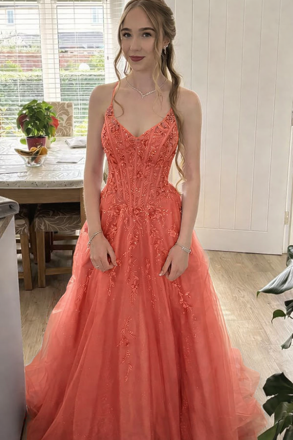 Chic A-line Dark Periwinkle Long Prom Dress Beaded Applique Tulle Spaghetti Straps Evening Dress Sleeveless Party Dress ED06301