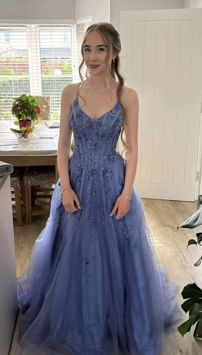Chic A-line Dark Periwinkle Long Prom Dress Beaded Applique Tulle Spaghetti Straps Evening Dress Sleeveless Party Dress ED06301