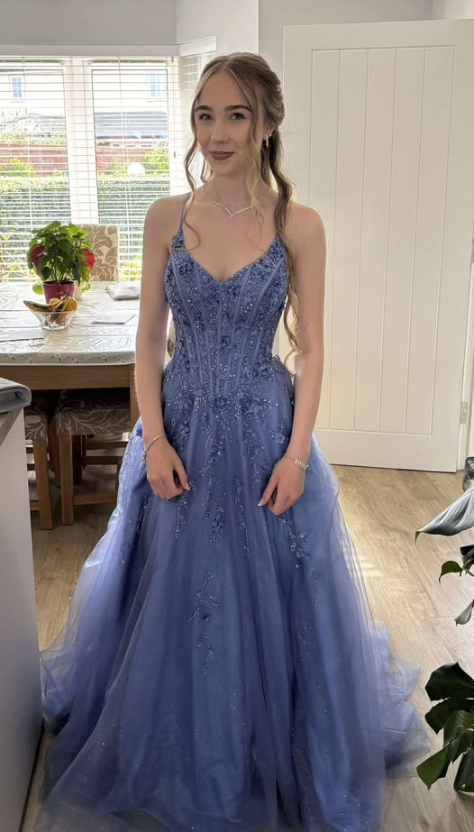 Chic A-line Navy Blue Long Prom Dress Beaded Applique Tulle Spaghetti Straps Evening Dress Sleeveless Party Dress ED06301