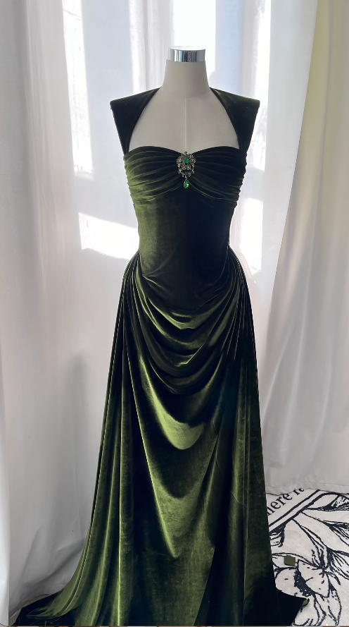 Chic A-line Dark Green Long Prom Dress Velvet Straps Evening Dress Sleeveless Party Dress ED06302