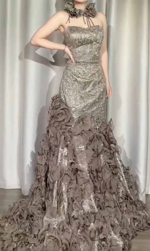 Chic Sheath Light Brown Long Prom Dress Tulle Strapless Evening Dress Lace Beaded Sleeveless Party Dress ED06305