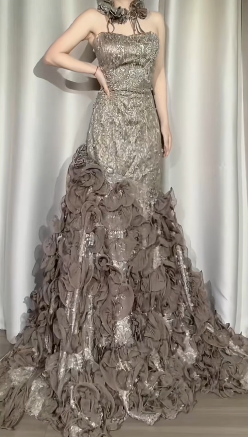 Chic Sheath Light Brown Long Prom Dress Tulle Strapless Evening Dress Lace Beaded Sleeveless Party Dress ED06305