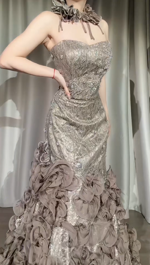 Chic Sheath Light Brown Long Prom Dress Tulle Strapless Evening Dress Lace Beaded Sleeveless Party Dress ED06305