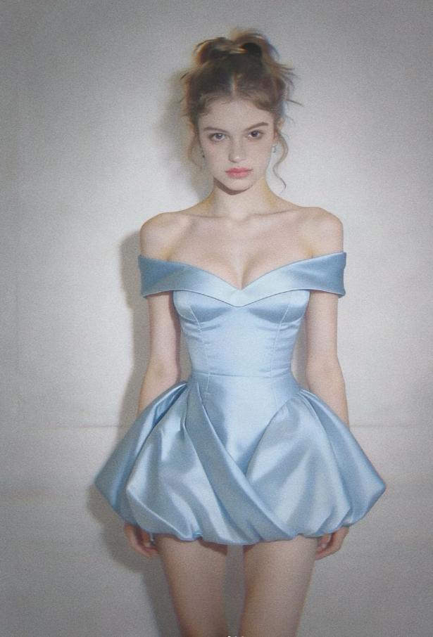 Chic A-Line Sky Blue Short Prom Dress Satin Off-shoulder Evening Dress Sleeveless Party Dress ED06307