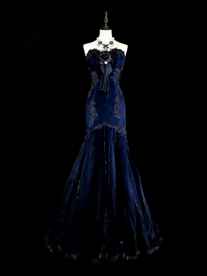 Elegant Mermaid Black Long Prom Dress Appliques Satin Sweetheart Evening Dress Sleeveless Party Dress ED06311