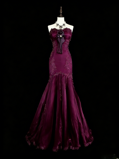 Elegant Mermaid Black Long Prom Dress Appliques Satin Sweetheart Evening Dress Sleeveless Party Dress ED06311