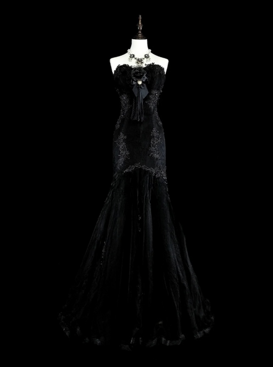 Elegant Mermaid Black Long Prom Dress Appliques Satin Sweetheart Evening Dress Sleeveless Party Dress ED06311