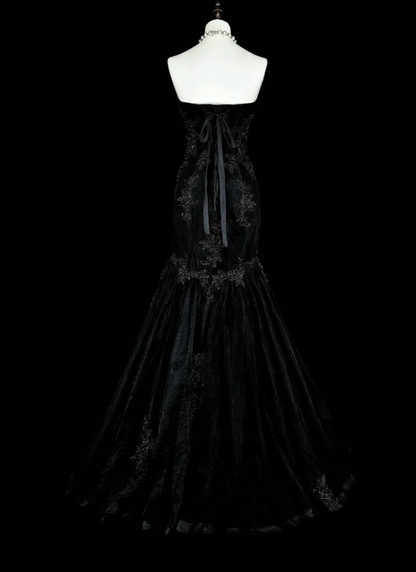 Elegant Mermaid Black Long Prom Dress Appliques Satin Sweetheart Evening Dress Sleeveless Party Dress ED06311