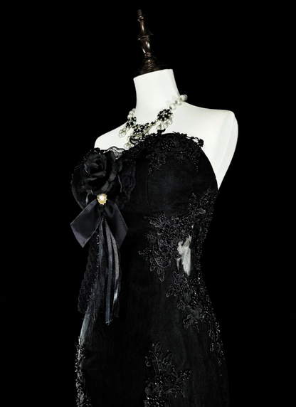 Elegant Mermaid Black Long Prom Dress Appliques Satin Sweetheart Evening Dress Sleeveless Party Dress ED06311