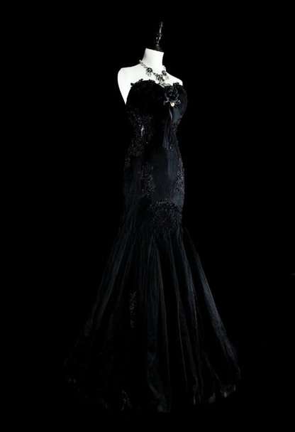 Elegant Mermaid Black Long Prom Dress Appliques Satin Sweetheart Evening Dress Sleeveless Party Dress ED06311