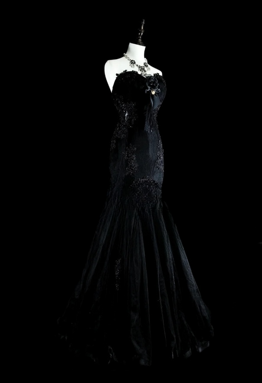 Elegant Mermaid Black Long Prom Dress Appliques Satin Sweetheart Evening Dress Sleeveless Party Dress ED06311