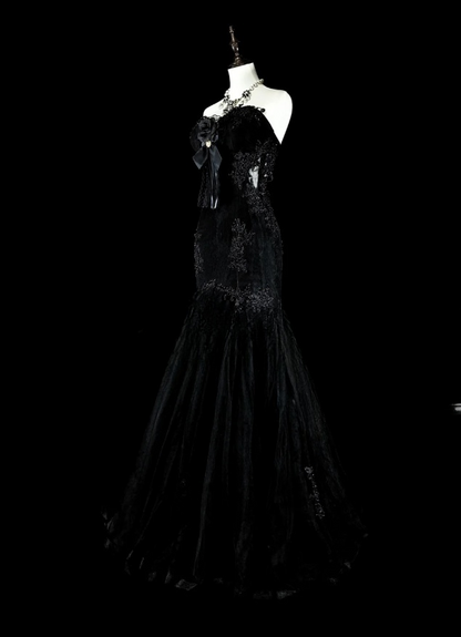 Elegant Mermaid Black Long Prom Dress Appliques Satin Sweetheart Evening Dress Sleeveless Party Dress ED06311